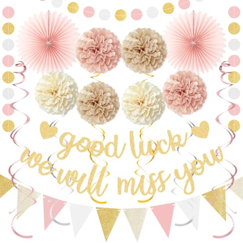 Good Luck We Will Miss You Banner - Pink Gold Farewell Decorations Kit