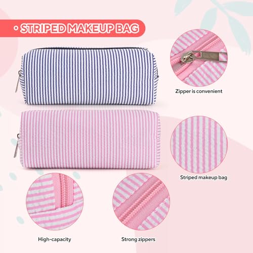2-Piece Seersucker Makeup Bag Set - Aesthetic Cosmetic & Travel Organizer