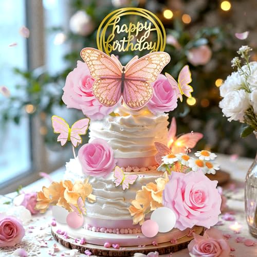 Pink Flower and Butterfly Cake Toppers for Birthday Decor