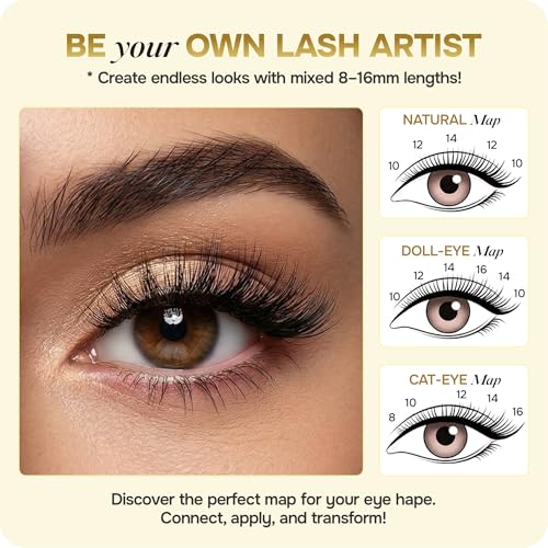Q&T Faux Lash 600-Piece 40D-50D D Curl Cluster Lashes 8-16mm (Individual Box) with Free Mascara Shield & Eyeliner Stencil, Beginner-Friendly