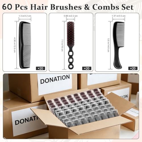60 Pack Bulk Hair Brushes and Combs Set | Individually Wrapped for Donations & Travel