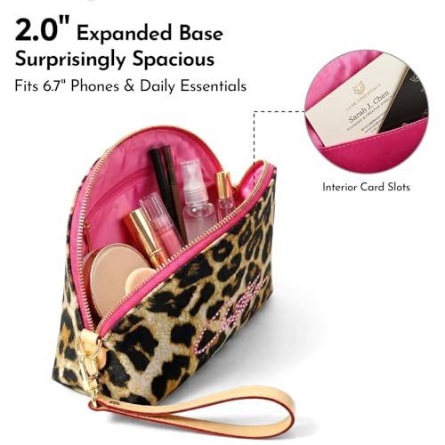 Rose Red Leopard Makeup Bag with Wristlet - Large Travel Cosmetic Organizer