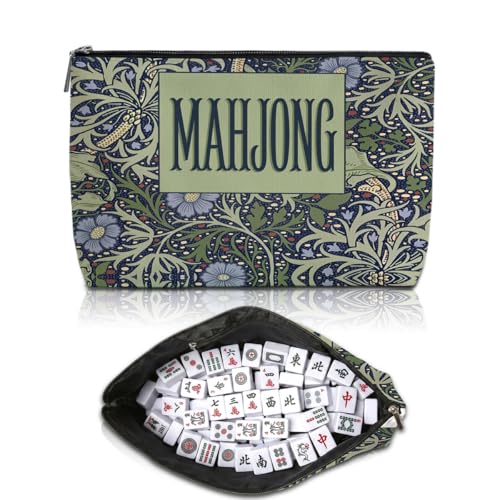Blue Leaves Multicolor Mahjong Tile Bag American Mahjong Bag Retro Floral Storage Case