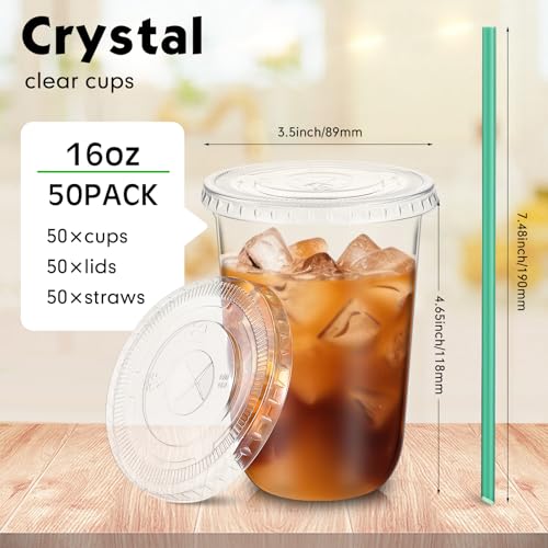 Baderke 50 Sets 16 oz Clear Plastic Cups with Lids & Straws
