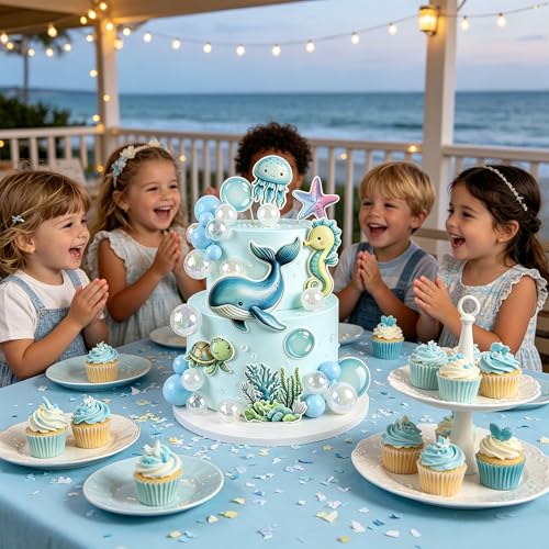 Under the Sea Birthday Cake Toppers Set - 33Pcs Ocean Animals & Bubble Balls
