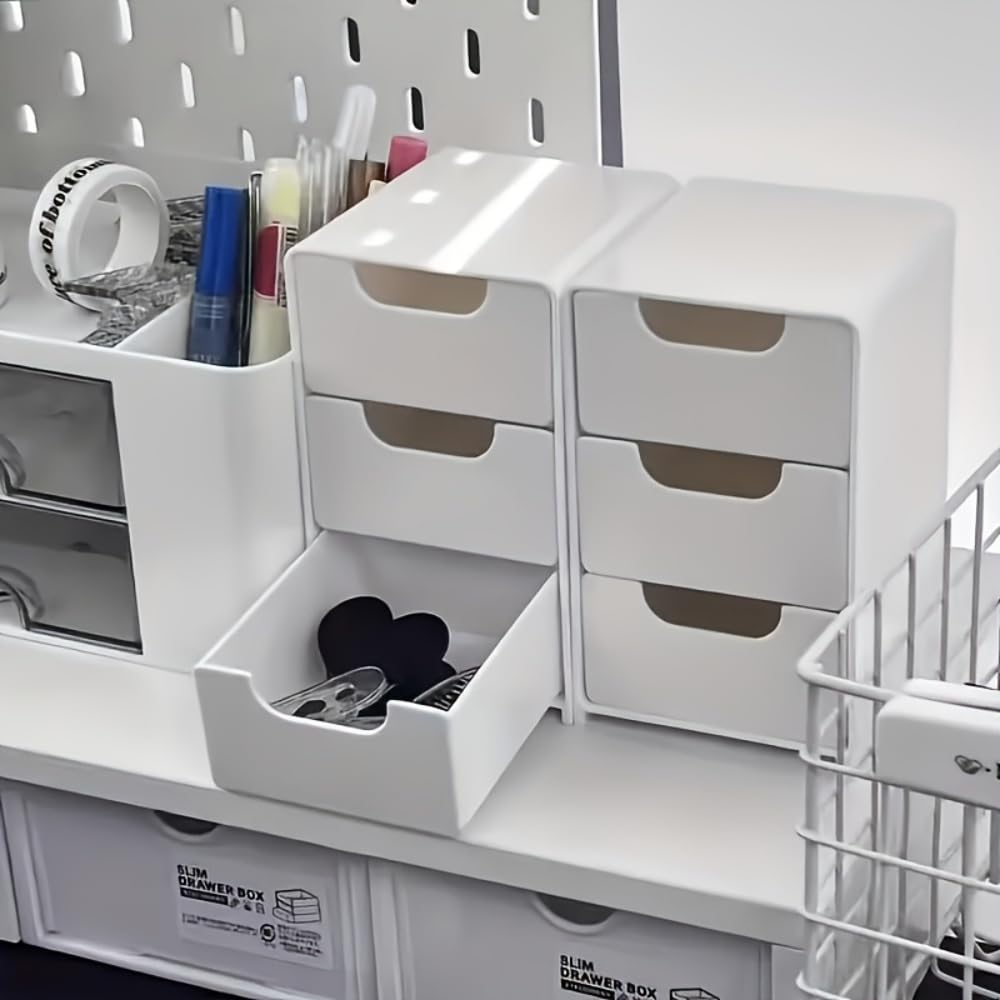 Three-Compartment Drawer Organizer Slim Stackable Portable Desk Office Jewelry Cosmetics for Desktop Drawers and Countertops, White