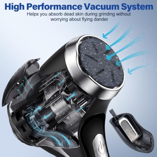 Wolady Rechargeable Electric Foot Callus Remover - Silver-Black, 2 Speed with Vacuum & 3 Roller Heads