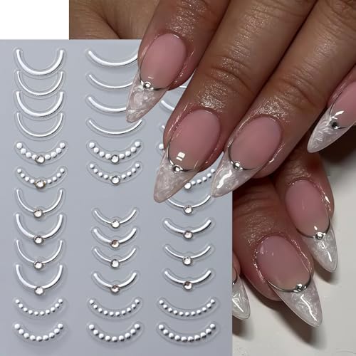 4 Pcs French Line Nail Art Stickers with Rhinestones - Self-Adhesive 5D Designs