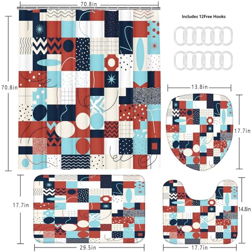 LQCOOL Geometric Patchwork Shower Curtain Set with Rugs & Hooks