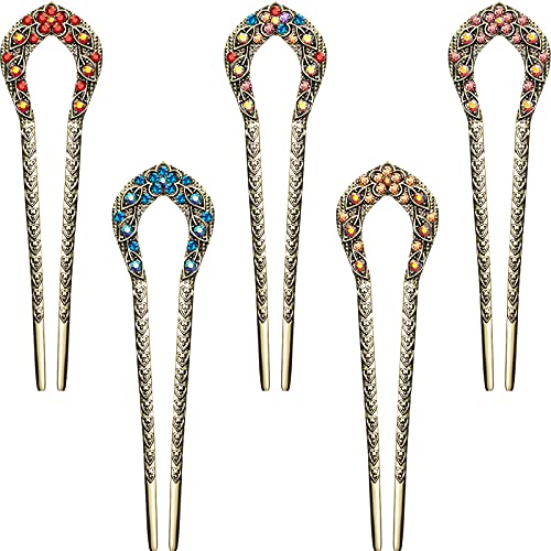 Vintage Crystal Hair Forks Set, 5 Pcs U-Shaped Metal Hairpins for Updos