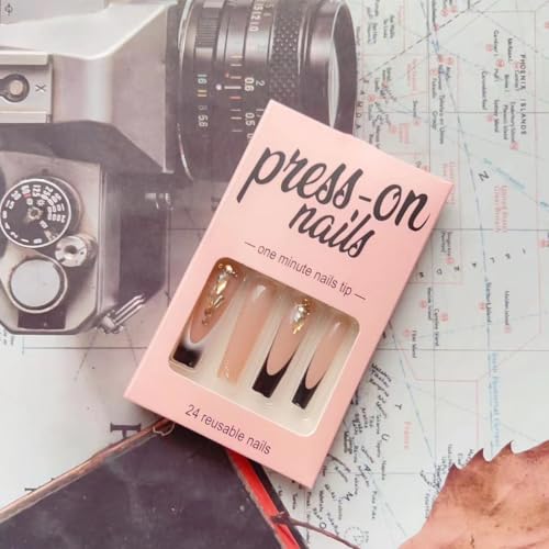 LPOODDNU Design1 Long Square French Tip Press-On Nails with 3D Butterfly & Rhinestones – Reusable Fake Nails for Women