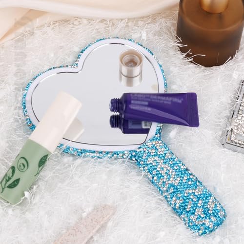 Framendino Blue Rhinestone Handheld Mirror 6.5" Heart Design