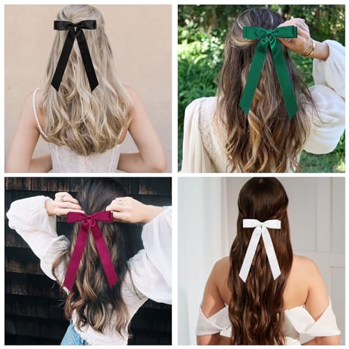 Feinigesi Satin Bow Hair Clips 4-Piece Set with Long Tails – Black White Teal Green Wine Red