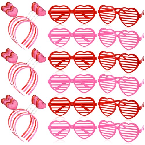 Valentine's Heart Headbands & Heart-Shaped Sunglasses Set - Red & Pink, 24 pcs