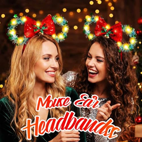 Catery Green Christmas Mouse Ears Headband with Light Up Bow for Women