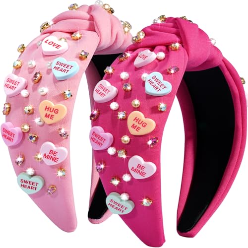 Pink & Rose Red Valentine's Day Headbands for Women Girls Knot Rhinestone Heart Accessories, 2 Pack