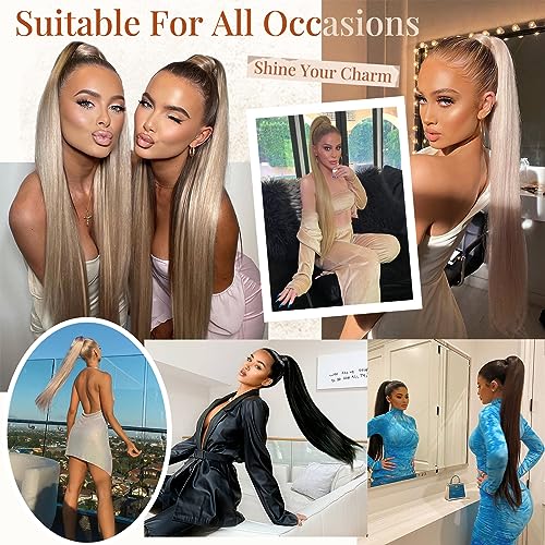 Flufymooz 30 Inch Natural Black Synthetic Ponytail Extension - Easy Clip-In Hairpiece for Women