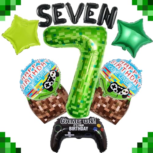 40-Inch Green Pixel Miner Number 7 Balloon Set - 13 Pcs Video Game Party Decorations