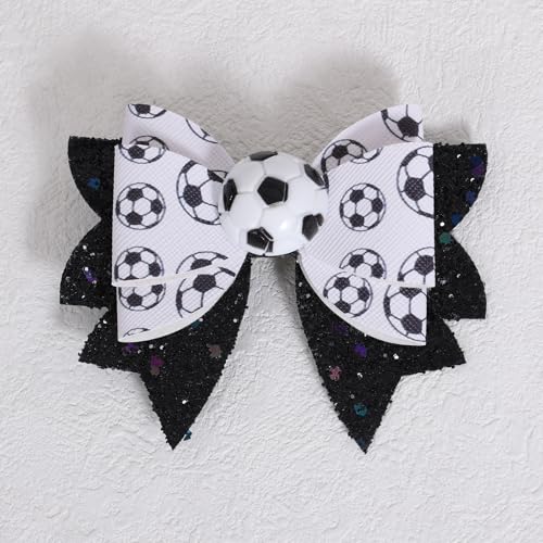 Soccer Cheer Bow Hair Clip for Women Girls Mom - Glitter Black & White Sporty Hair Accessory - Variation of Soccer Bow