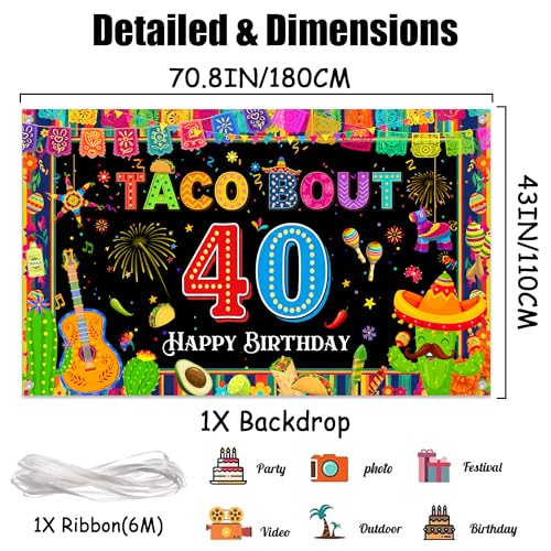 Happy 40th Birthday Mexican Fiesta Backdrop - Taco Party Decor