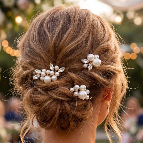 Kilshye Gold Pearl Bridal Hair Pins Pack of 3 - Wedding & Prom Hair Accessories