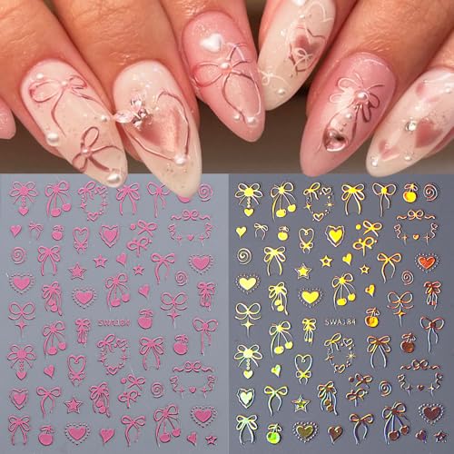 Qdsuh Valentine's Day Nail Stickers – 7 Sheets; 3D Hearts, Bows, Gold & Red Decals with Style8