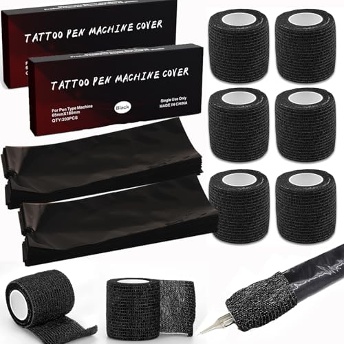 400pcs Large Tattoo Pen Covers & 6pcs Grip Wrap Set - Black, Urknall
