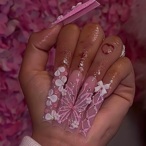 RUOKEXIN Long Square Press On Nails Pink French Tip Glitter Butterfly Design - Model C6C31 - 24 Pcs