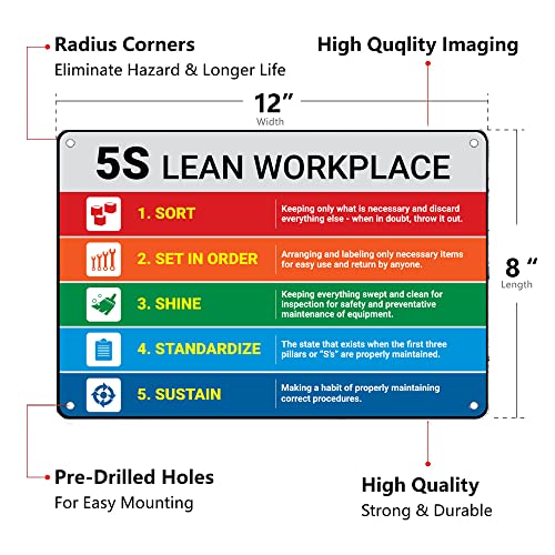 5S Lean Workplace Metal Tin Sign - 12x8 Inch Wall Decor