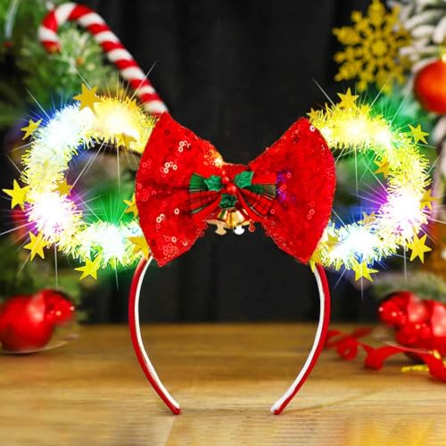 CASDRE Christmas Light Up Mouse Ear Headband with Bow & Bells - Red Gold Xmas Party Hair Accessory (C Red Gold)