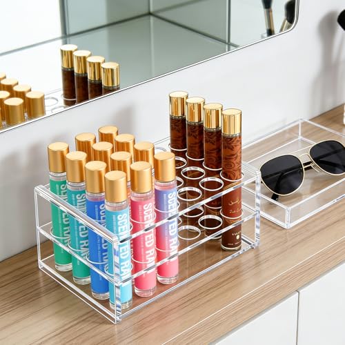 Acrylic Perfume Organizer Rack with 24 Slots for Rollerballs & Travel Vials