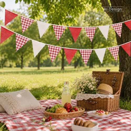 G2PLUS Red and White Gingham Bunting Banner - 32Ft Cotton Garland for Parties