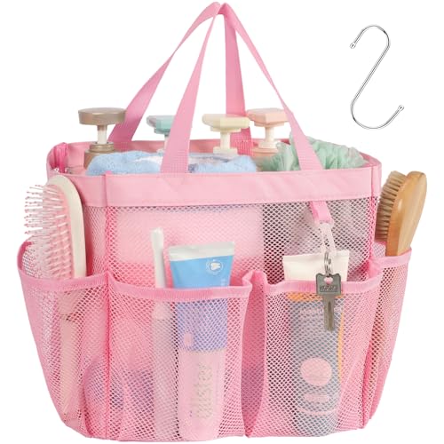Portable Mesh Shower Caddy with 8 Pockets - Quick-Dry & Dual Handles, Ideal for Dorms & Travel, Pink