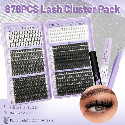 QUAFFLY 678PCS Lash Clusters Kit with Spikes, Bond, Seal, and Remover