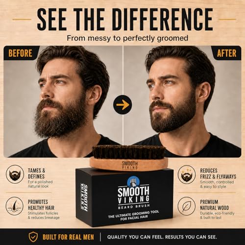 Smooth Viking Beard and Facial Hair Grooming Set - Natural Boar Bristle Brush, Mustache Brush, Styling and Shaping Tool for Men