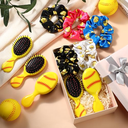 Yellow Softball Hair Scrunchies & Detangling Hair Brushes Set | Team Sport Gifts