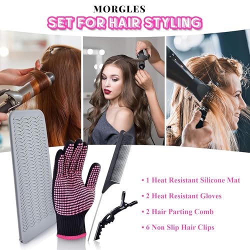 MORGLES Heat Resistant Gloves & Hair Styling Kit - 11-Piece Set for Hot Styling Tools