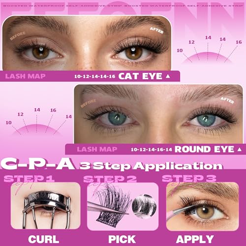 Self Adhesive Eyelashes Fluffy Self Adhesive Lash Clusters Pre Glue Eyelash Clusters Wispy Cluster Eyelash Extensions 10-16mm No Glue Needed Individual Lashes DIY Lash Extension Kit with Tweezers