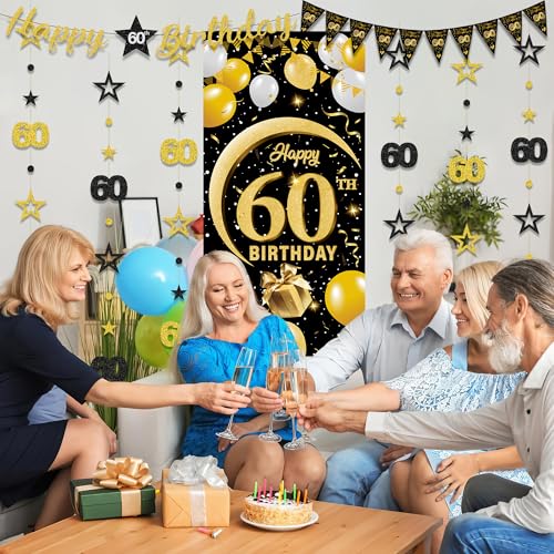 60th Birthday Decorations Set - Black Gold Banner & Swirls