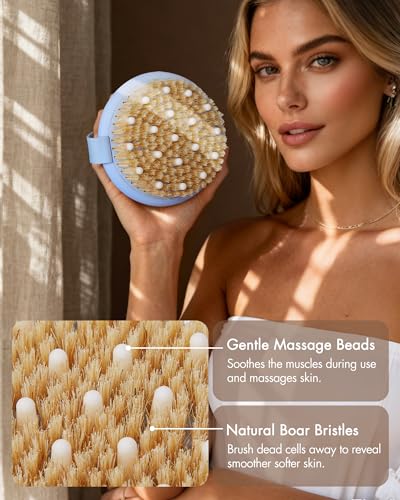 Dry Brushing Body Brush with Massage Nodes - Natural Boar Bristle, Blue Ocean Variant