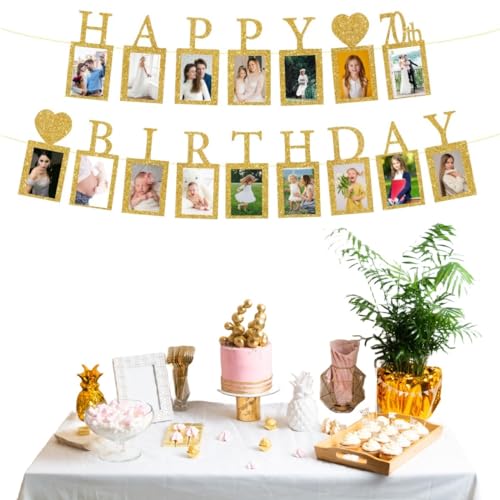 Happy 70th Birthday Photo Banner with 16 Frames - Gold Glitter Party Decor