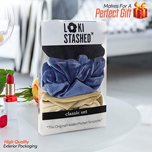 3-Pack Velvet Hair Tie Scrunchies with Hidden Zipper Pocket - Navy, Tan, Black