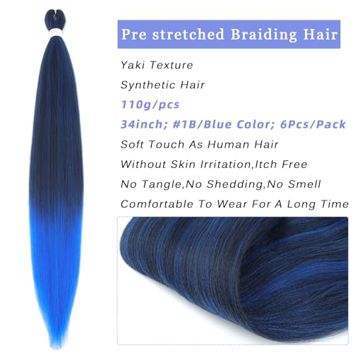 34 Inch Pre-Stretched Braiding Hair #1B/Blue - 6 Packs for Easy Styling