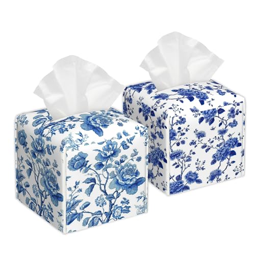 Blue Floral Tissue Box Holder - Waterproof Leather Organizer for Home & Car, 2 Pack