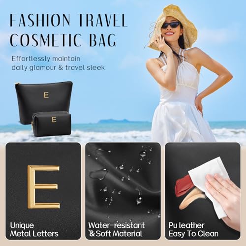 Initial-Monogram Travel Makeup Bag—Personalized Waterproof PU Leather, Black