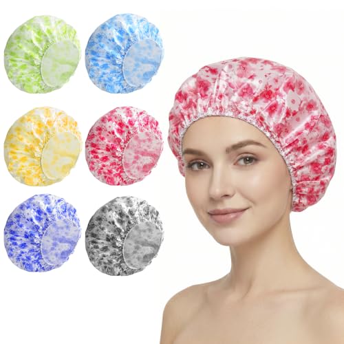 6 Pack Reusable Waterproof Shower Caps for Women - PEVA Hair Cover