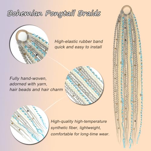 Eliza Boho Braided Ponytail Hair Extensions 24 Inch Light Grey & Turquoise Beads