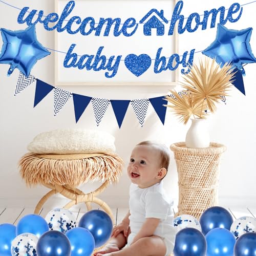 Welcome Home Baby Boy Decoration Set - 22 Pcs Blue Banners & Balloons