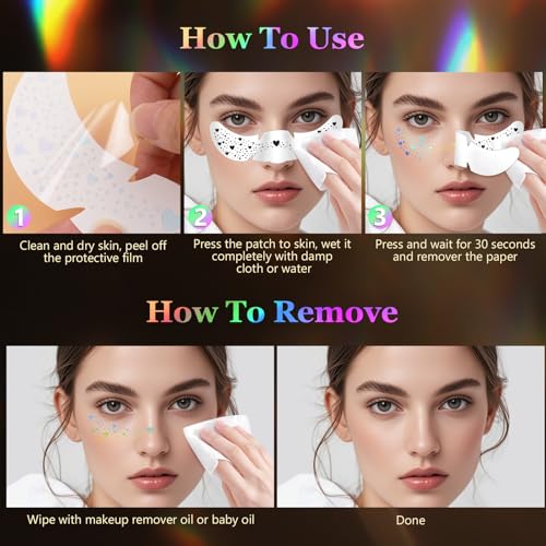 HyperFun Holographic Multicolor & Gold Silver Glitter Freckles Face Stickers 12Pcs Waterproof Makeup Patches for Women Festival Party