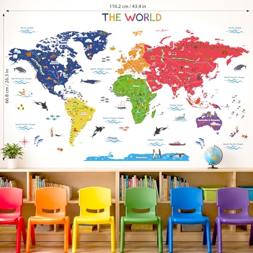 DECOWALL Colorful World Map Wall Stickers for Kids - Educational Peel and Stick Decals